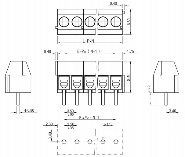Клетка блока 2P винта Pcb HQ350V-3.5mm/3.96mm терминальная электрическая латунная