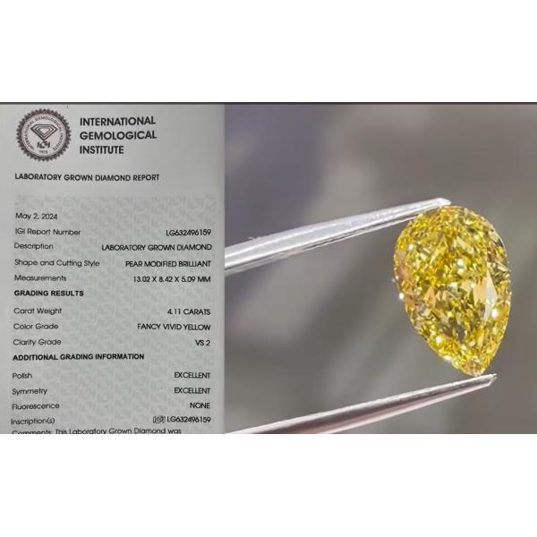 4CT CVD Желтая лабораторная выращенная бриллиантовая груша Форма роскошная яркая желтая бриллиантовая кольца Ожерелье