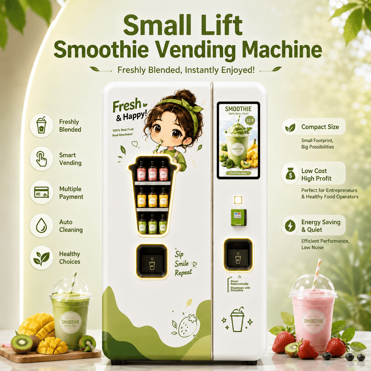 Small Fresh Smoothie Vending Machine with Automatic Blender, Smart Payment System, 21.5-Inch Touchscreen, Self-Cleaning Function for Healthy Beverage Retail Business