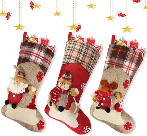 Christmas Stocking, 18 Set of 3 Santa, Snowman, Reindeer, Xmas Character 3D Plush with Faux Fur Cuff Christmas Decorati
