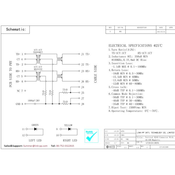 HFJV1-2450-L21RL Vertical RJ45 Jack 180° LPJD0011BENL Ethernet Network Analyzer