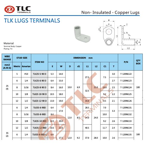 Copper 90D Cable Lug Copper 90D Terminals Non-insulated Copper Lugs Tubular Ring Lug Tubular Ring Cable Lugs