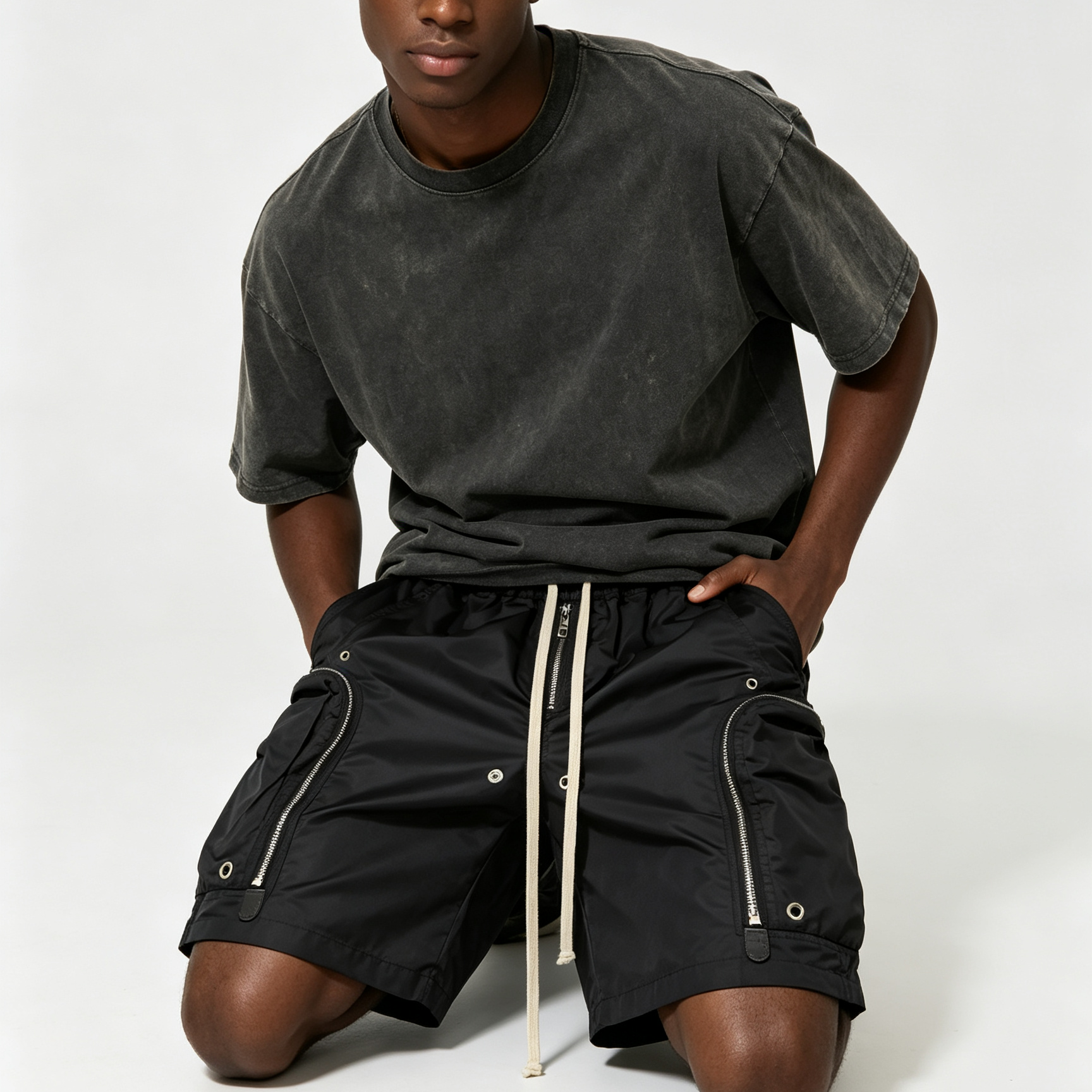 Dark Sports Sweat Shorts Multi Zipper Mens Drawstring Cargo Shorts RO Style