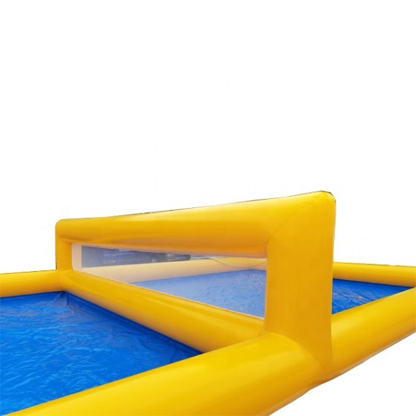 Yellow Inflatable Soccer-Style Game Court with Twin Goals and Blue Floor