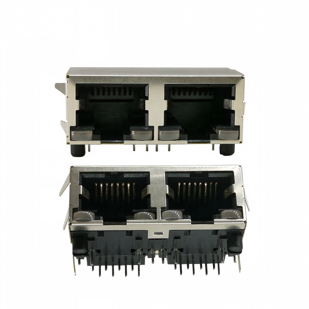 Multi-Port 1*2 2 Ports RJ 45 Modular Connector, Female 2*8P 16P Right Angle PCB Plug Modular Jack Connector RJ45 Shielded Socket