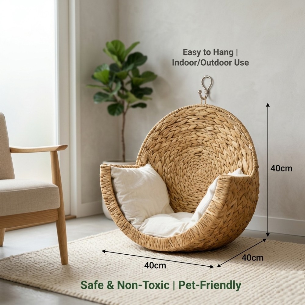 Wall Mounted Water Hyacinth Cat Bed Rattan Woven Removable Washable Thick Cushion
