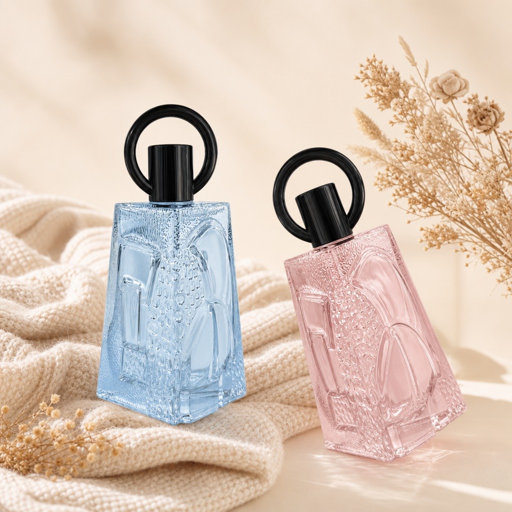 100ml Glass Perfume Bottles Textured Triangle Empty Ring Cap Crimp Neck Spray