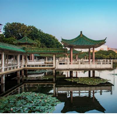Green Glazed Roof Tile Quadrilateral Gazebo Pavilion With Corridor For Cooling