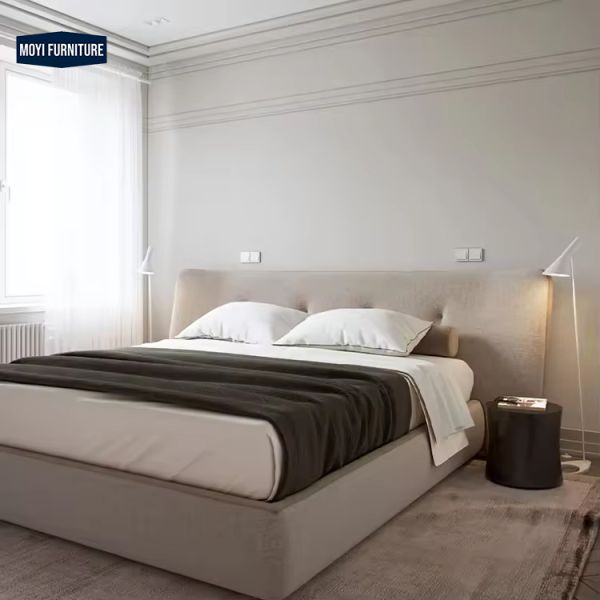 Modular queen size bed room furniture set featuring full upholstered linen frame and modern luxury furniture designs