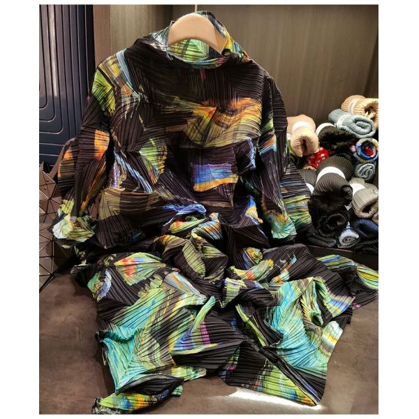 Casual Printed Dress High-End Waist Lace-Up Pleated Long Skirt for Spring European American Cross-Border New