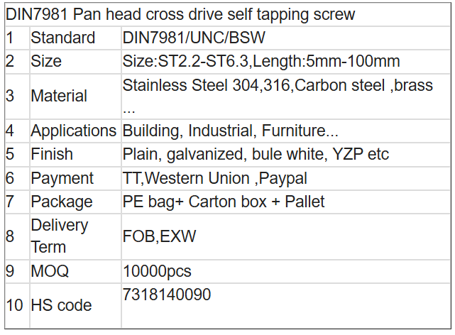 DIN7981 Pan Head Cross Drive Self Tapping Screw