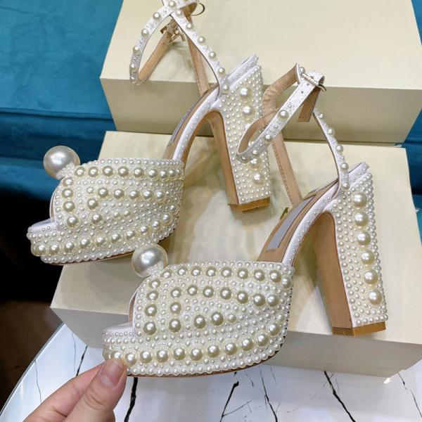 Pearl inlaid design women's high heel sandals，open toe height increasing women sandals