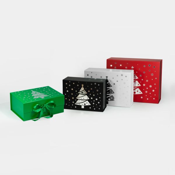 Custom Magnetic Flip Top Christmas Gift Boxes Foldable Holiday Packaging with Snowflake Tree Designs