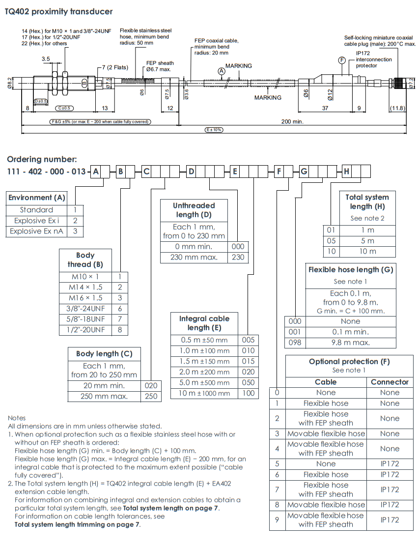TQ402 111‑402‑000‑013 A2‑B1‑C072‑D000‑E015‑F0‑G100‑H10 Eddy‑Current Proximity Transducer