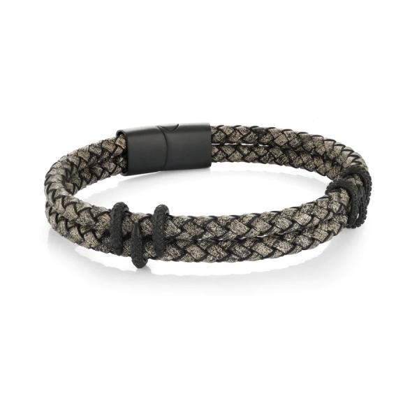 Stainless Steel Men's Charm Bracelet Black Plating Braided Leather Wrap