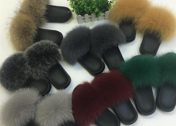 Customized Color Women Fox Fur Slippers Sandals With Fuzzy Hair / Rubber Sole