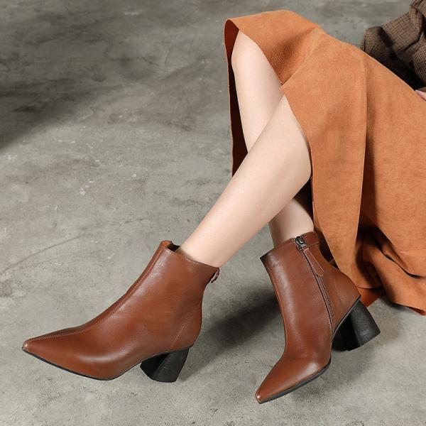 S223 Pure color pointed toe ladies elegant leather handmade short boots fashion all-match leather autumn and winter boot