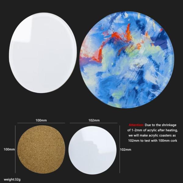 Round Acrylic Sublimation Coaster Blanks With Cork Back Custom Printing 10cm Size