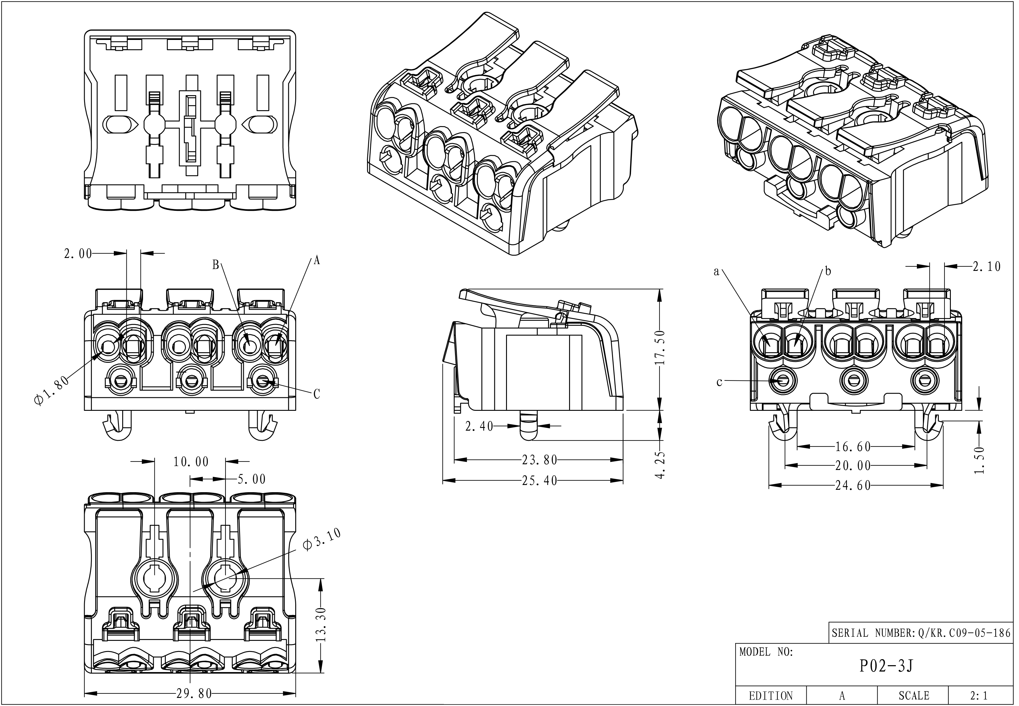 2 3 4 5 нажим Screwless снабжения жилищем PA портов 450V 24A 0.5-2.5mm2 в соединителе провода для света СИД