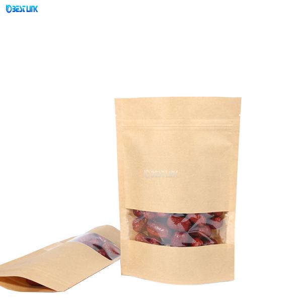 Plain Kraft Waterproof Zip-lock Standing Pouch Brown Paper Bags with Clear Window