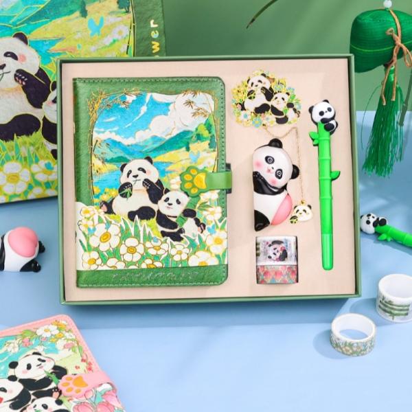Kawaii Panda Notebook Gift Box Journal Set With Notebook Pen Handheld Fan Thermos