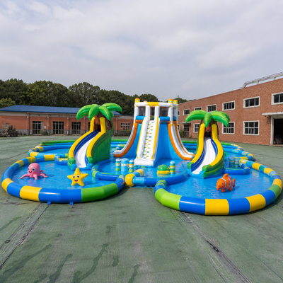 Commercial Tropical Modular Inflatable Land Water Park with Triple Slides Splash Pools and Sea Animal Play Features