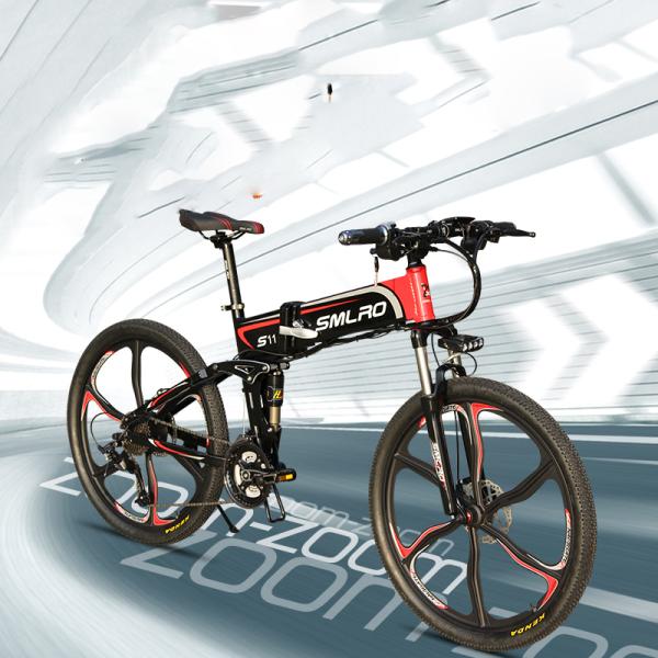 Black 26 Inch Folding Mountain E Bike With Suspension Fork Hard Wearing