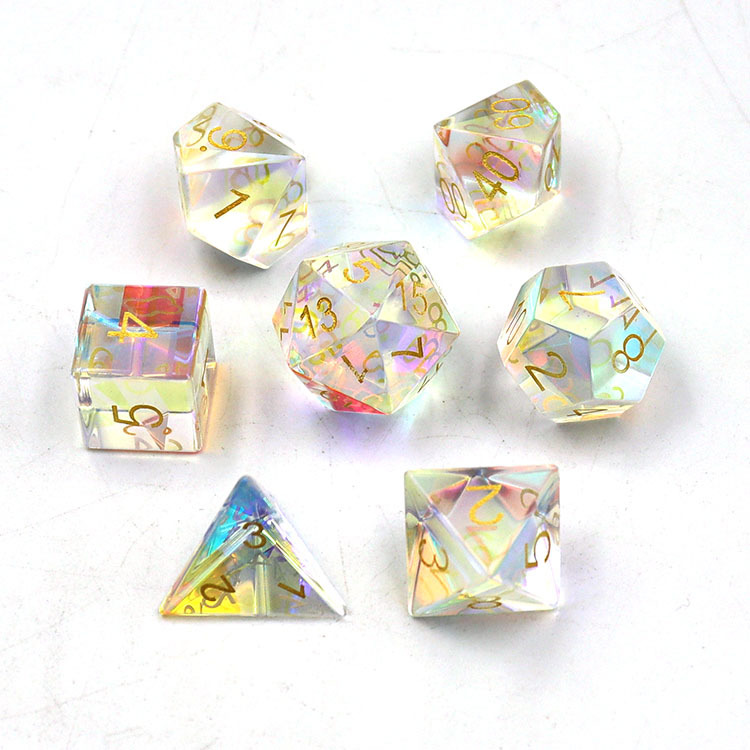 Natural Clear Quartz Crystal Polyhedral Dice Set with AB Rainbow Coating and Silver Ink Engraved Numbers for DND and RPG Games
