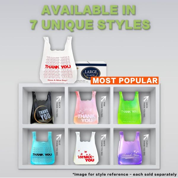 Bolsas de plástico reciclables para camisetas, compras y comida para llevar con asas