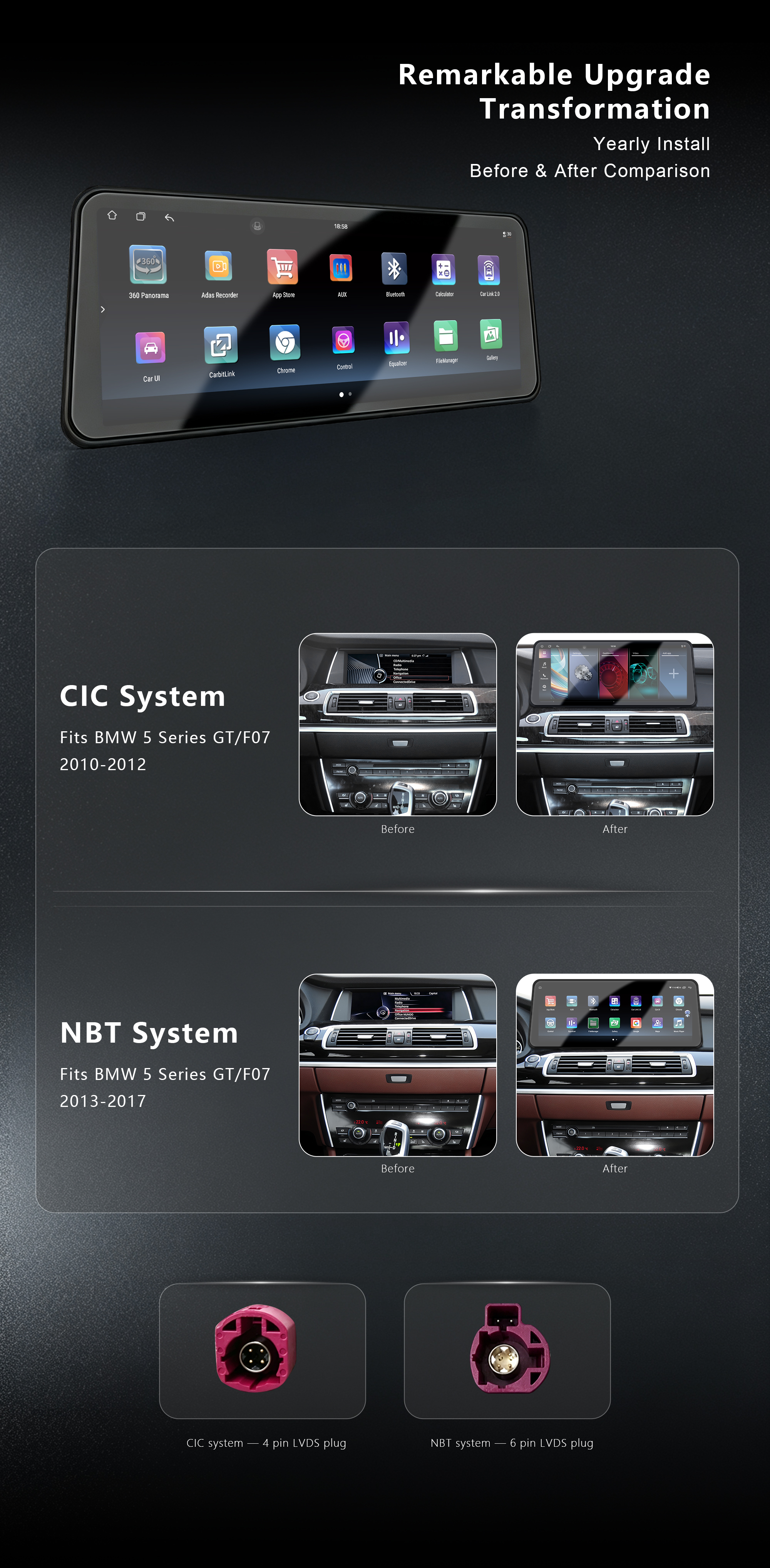 12.3inch Touchscreen Car Radio for BMW 5 Series GT/F07 2013-2017 Frame Harness Canbus Android OS Dashboard Mount 1 Year
