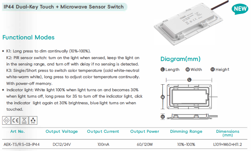 IP44 Dual-Key Touch + Microwave Sensor Switch, Dimmable CCT LED Controller DC12/24V