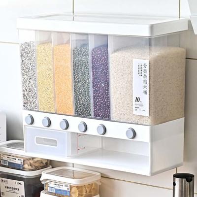 Distribuidor fixado na parede transparente do cereal de 6 grades com copo de medição