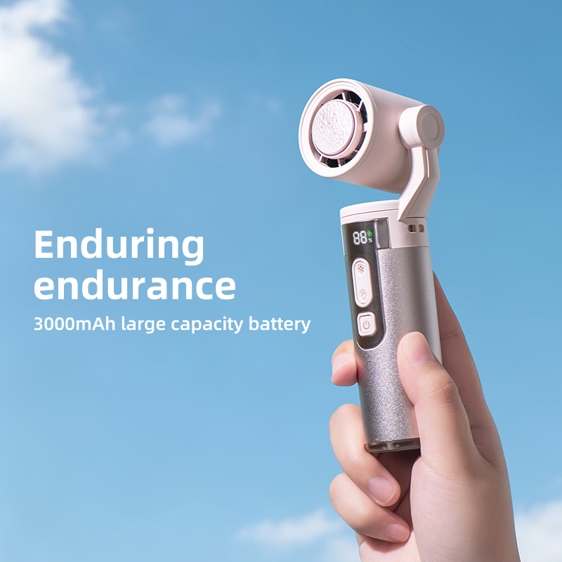Factory OEM ODM Gimbal Handheld Fan Built-in 3000mAh 21700 Lithium Cell Semiconductor Ice Cooling Fan with LED Flashlight