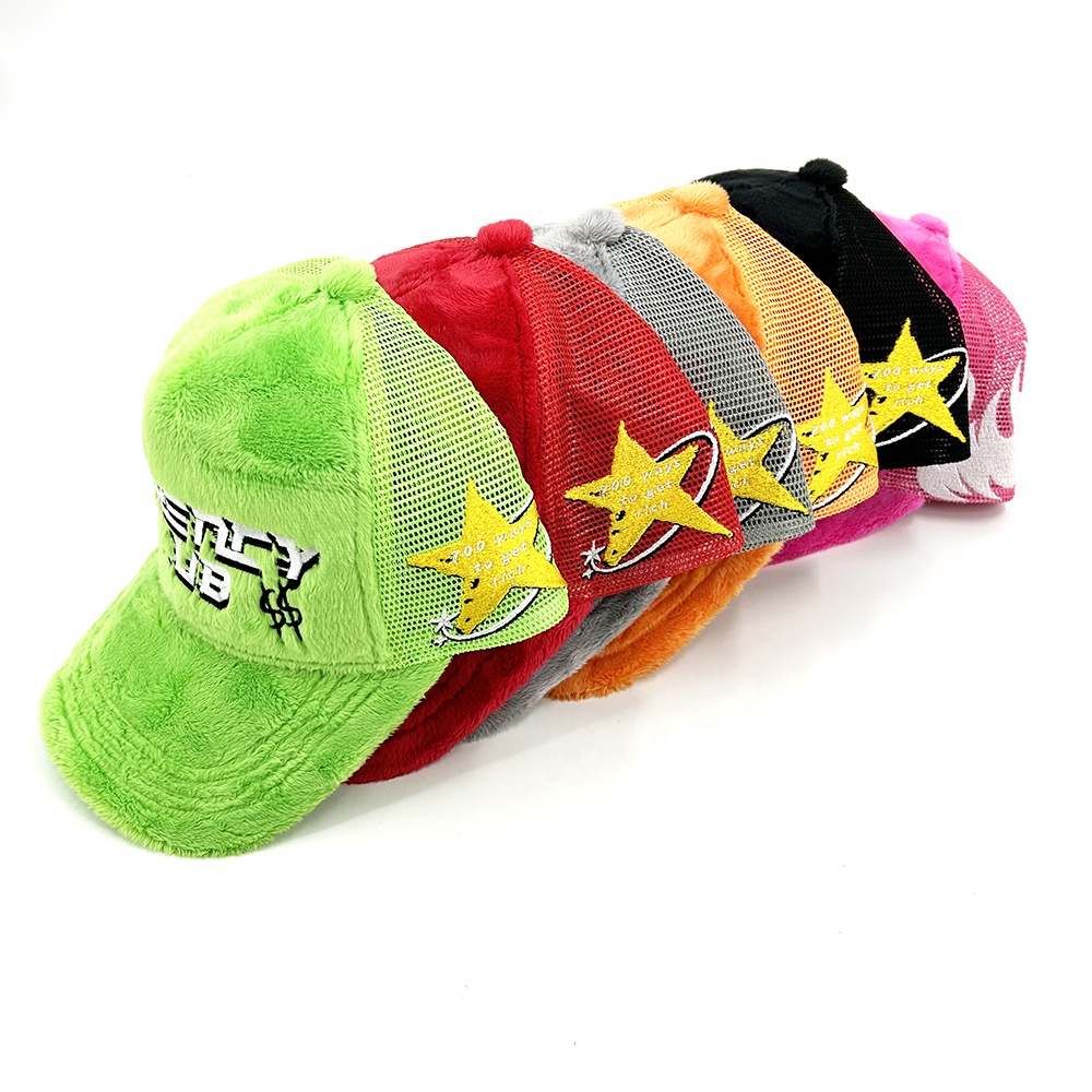 5 Mesh Fluffy Velvet Custom 3D Embroidery Trucker Hats panel Snapback Cap