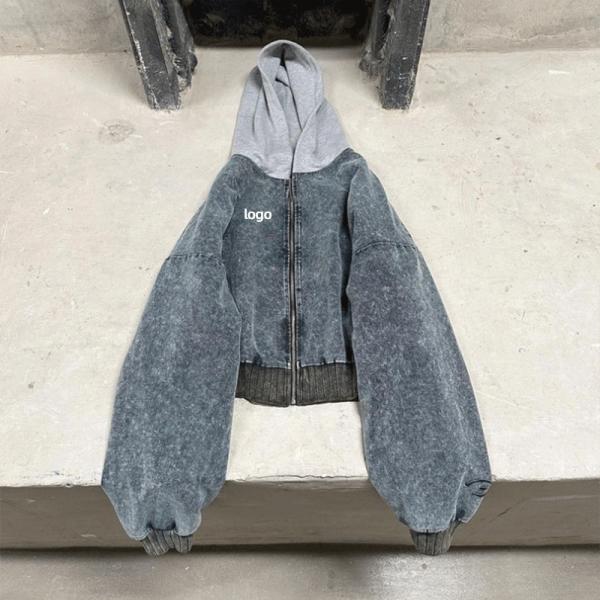 Impression personnalisée Laver à l' acide Hoodie gris Applique couture Denim Coupe de pierre Hoodie lavée
