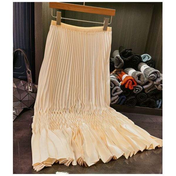 Women's New Style Casual Pleated Skirt Solid Color Simple Design with Elastic Waist for Commuting for Summer
