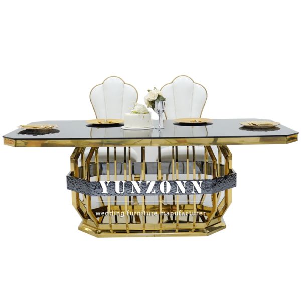 Modern Gold Stainless Steel Wedding Banquet Dining Table Rectangle Glass Hotel Furniture for Wedding Tables and Rentals