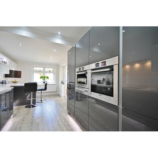 Veneer Finished Top and Lacquer Finished Bottom Kitchen Cabinet in Glossy Gray Polymer