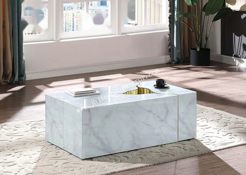 White Marble Glass Coffee Table with Gold Mirror and 119.4X70X44.5CM Dimensions for Living Room