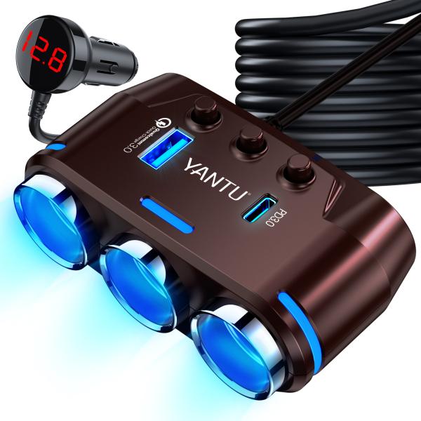 12V Car Mobile Charger with Dual USB QC PD Cigarette Lighter and Voltage Monitoring