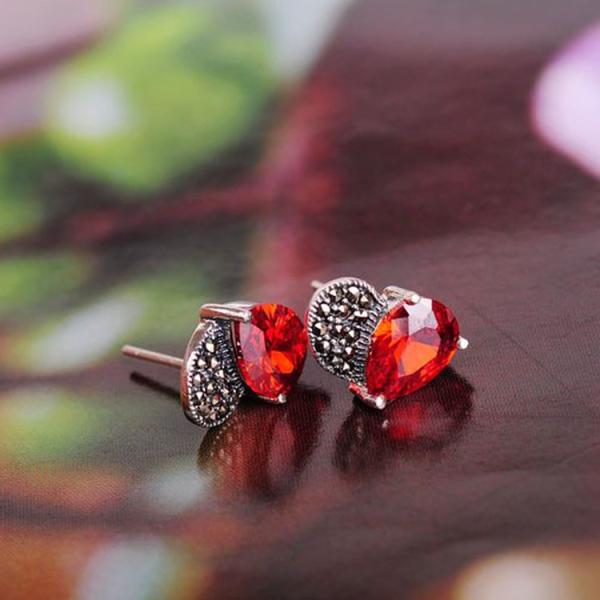 925 Silver Red Cubic Zirconia and Marcasite Heart Stud Earrings (E11067)