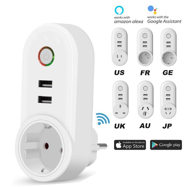 Smart WiFi Power Plug Outlet Socket with 2PCS USB Port App Control Timer Function Compatible with Amazon Alexa Google