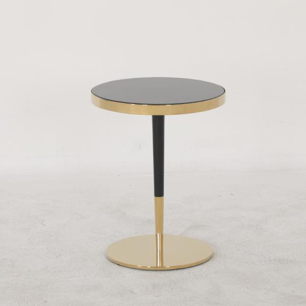 Sala de estar pequena mesa de aço inoxidável mesa de lado com brilhante brilhante ouro preto vidro superior perna de metal
