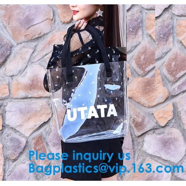 Vinyl PVC Shopping Bag, Shoulder Tote Bag Clear Waterproof Beach Handbag Custom Logo Handle Shopping Bag
