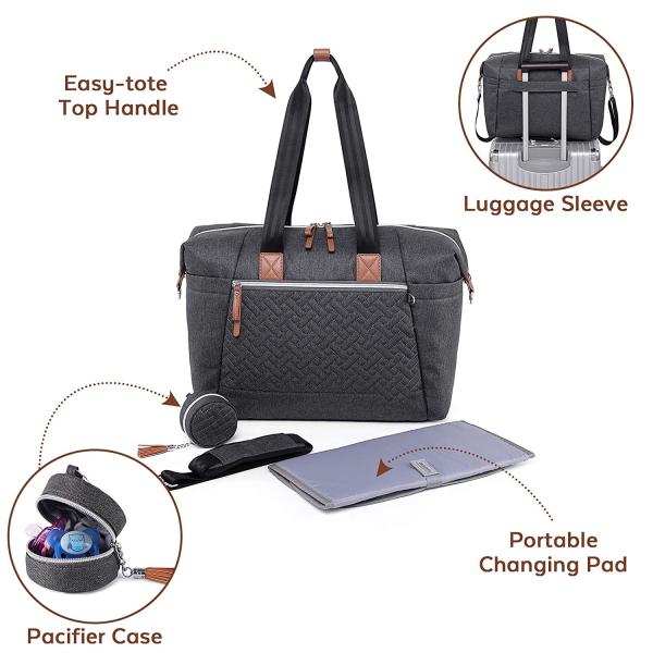 Extra Large Diaper Tote Bag Black With Pacifier Case Changing Pad 17x8x12