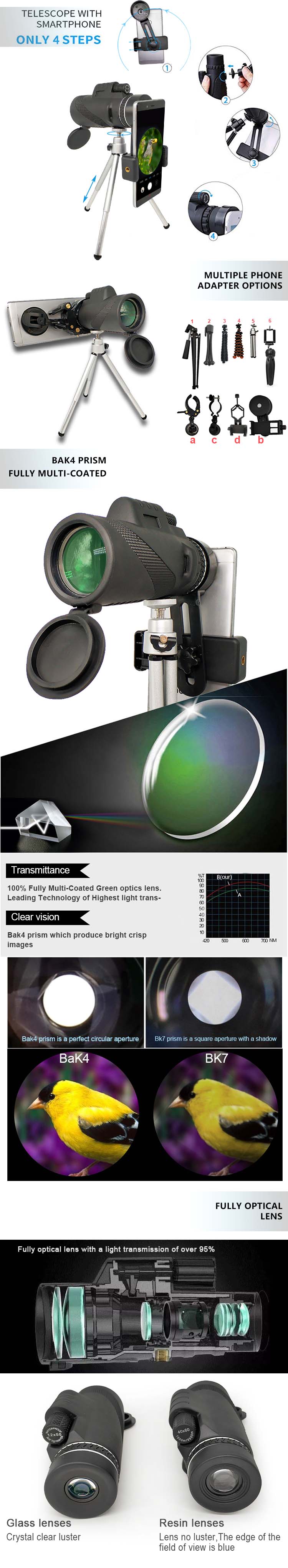 телескоп сотового телефона 16x52 Monocular с переходником и треногой смартфона