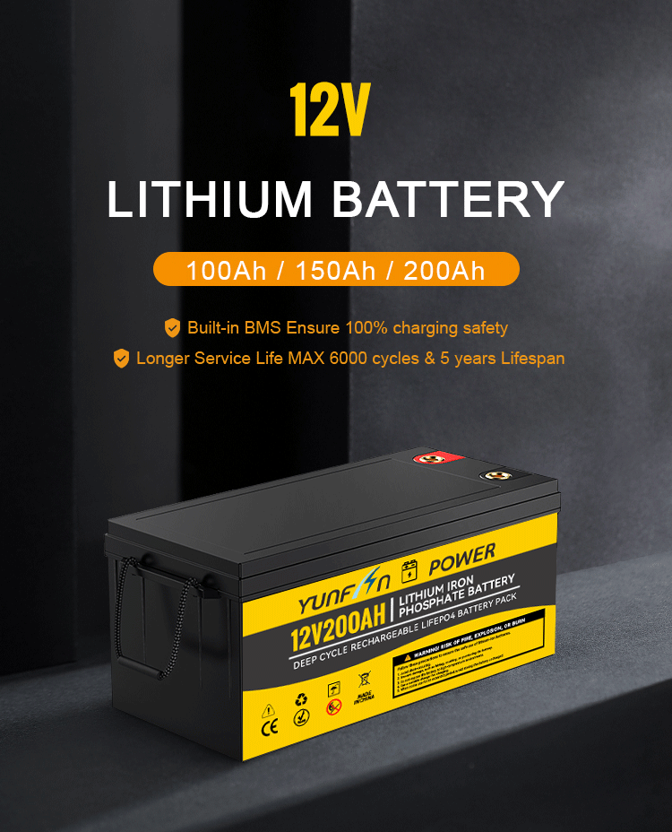LiFePO4 Deep Cycle Battery 12.8V 200AH 2560Wh Lithium Iron Phosphate Battery With Built-in BMS 5000 Cycles Drop-in Replacement For Lead Acid In RV Solar Marine UPS Backup Power