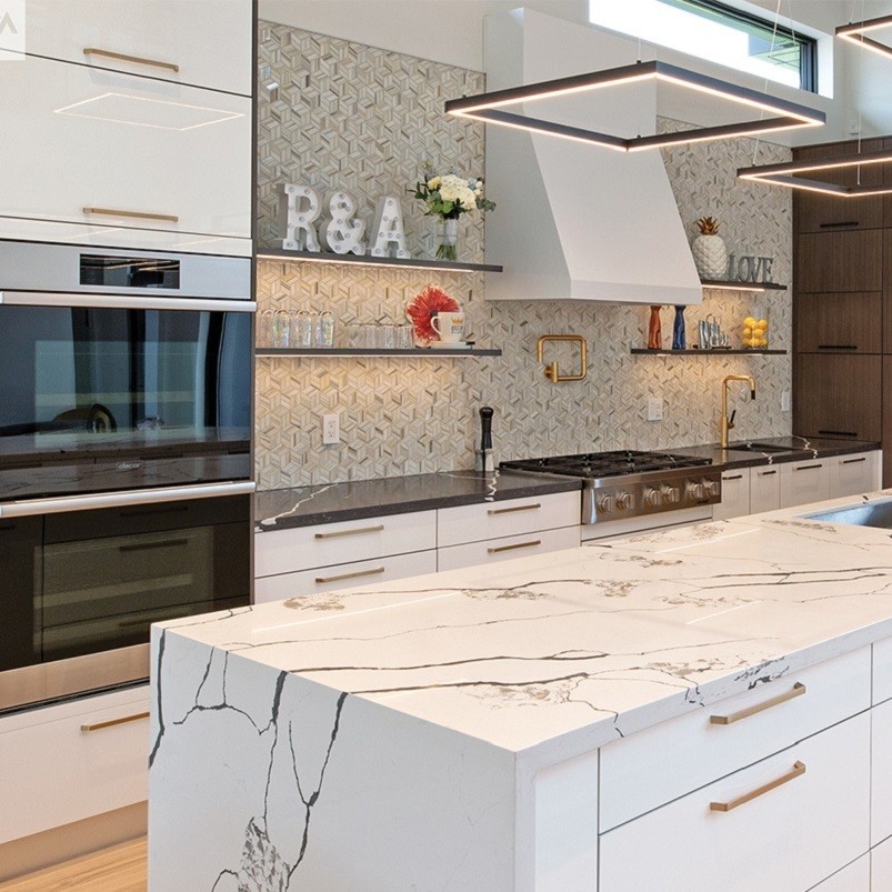 Quartz Stone Countertop Waterproof High Glossy Modern Kitchen Cabinets for Kitchen