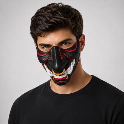 Resin Demon Half Face Mask, Black Red Oni Style Costume Mask with Gold Ring Accents for Adults, Halloween Cosplay, Masquerade Party, Festival Outfit, Photo Shoot and Stage Performance