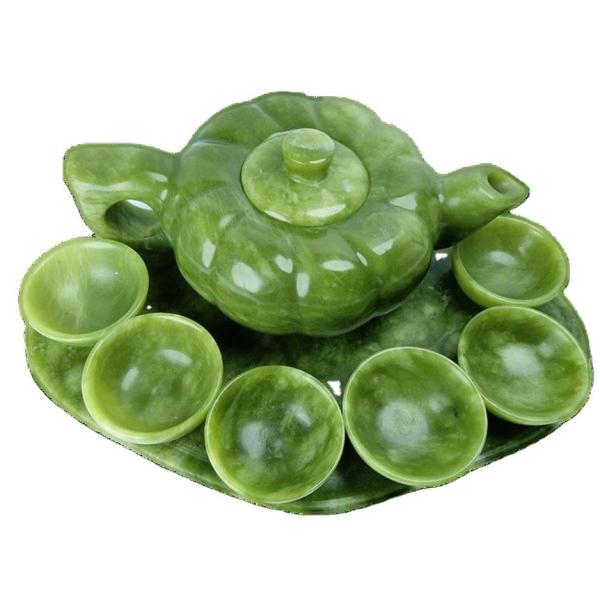 Chinese Traditional Handcraft Jade Teapot Set with 6 Cups and 1 Jade Plate Limited Edition Gemstone Collection